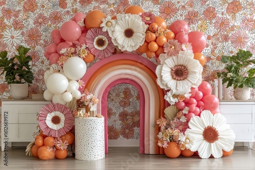 Floral Rainbow Arch. Elegant decoration with flowers and balloons for a vibrant celebration.