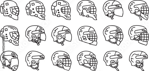 Ice Hockey Helmet Line Icon Sheet – Minimalist Vector Set of Protective Sports Headgear, Goalie, Cage, Visor, and Youth Helmets