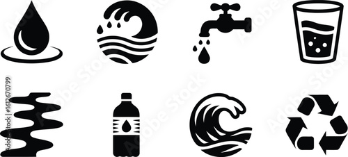 Black and White Water Icons: Drop Wave Tap Glass Bottle River Recycle