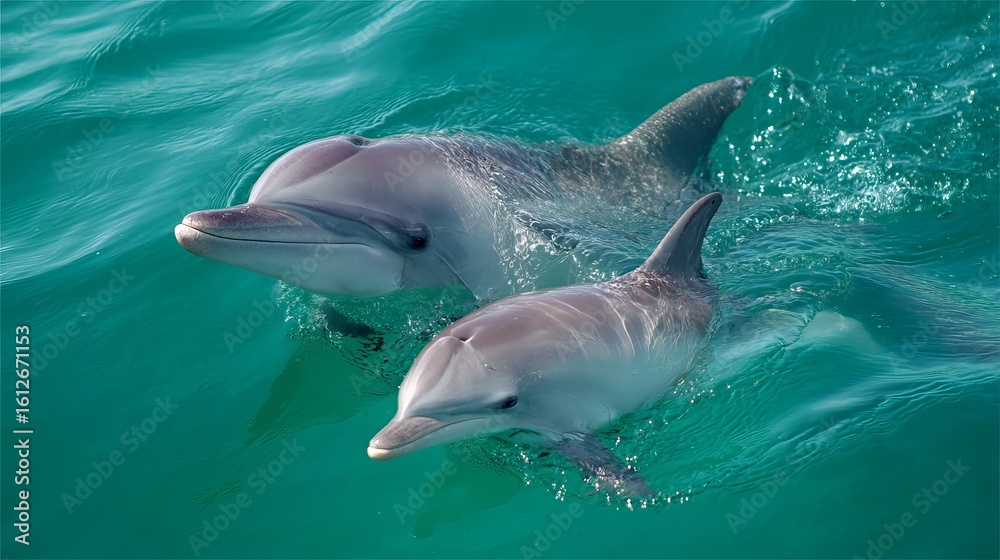 Fototapeta premium Two playful dolphins swimming in turquoise waters.