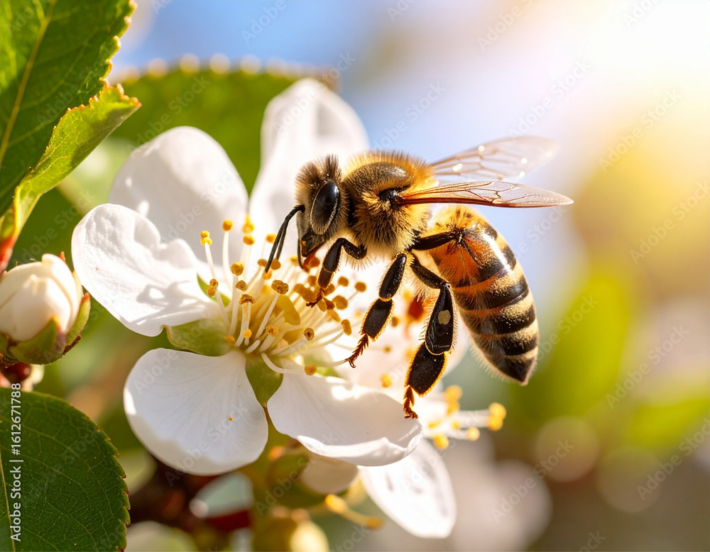 Photo of a pollinator‑plant interaction: a native bee visiting a flower in its natural habitat in Brazil, macro shot, nectar visible, pollen grains detailed Photo of a pollinator‑plant interaction: a native bee visiting a flower in its natural habitat in Brazil, macro shot, nectar visible, pollen grains detailed