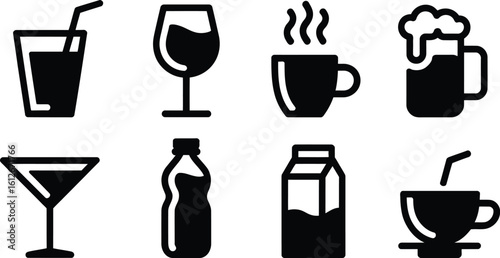 Black and White Drink Icons Set Juice Wine Coffee Beer Martini Water Milk Tea