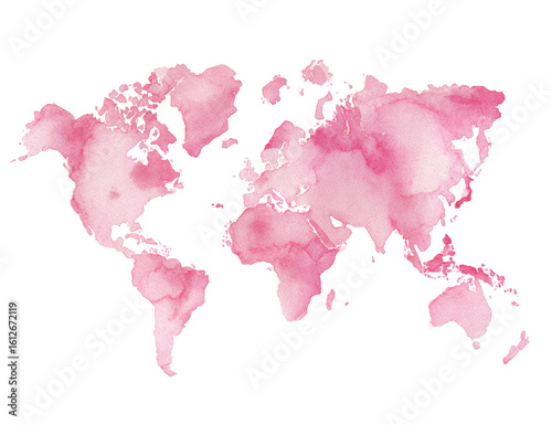 A watercolor-style world map, soft pink
