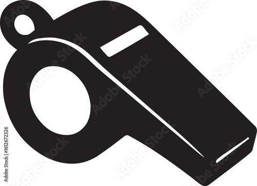 Black silhouette of a typical sports or safety whistle with lanyard vector illustration design 