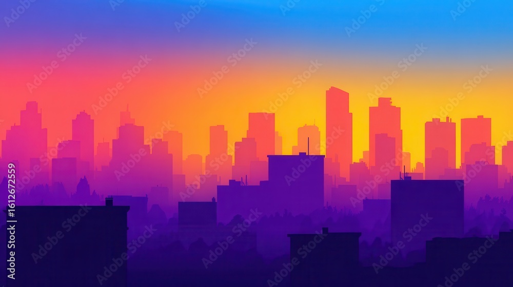 Naklejka premium Colorful cityscape silhouette at sunrise or sunset.