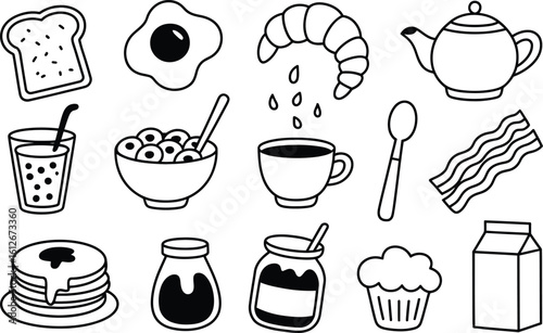 Black and White Breakfast Food Icons Toast Egg Croissant Teapot Cereal Coffee Spoon Bacon