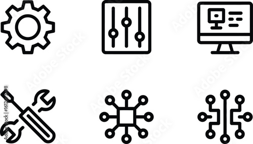 Black and white technology icons gear sliders computer tools circuit board