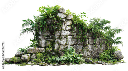 Ancient Stone Wall in Jungle background isolated on a Transparent background, PNG file.