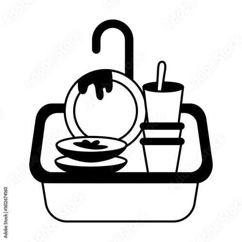Dirty dishes in sink, glyph style icon 

