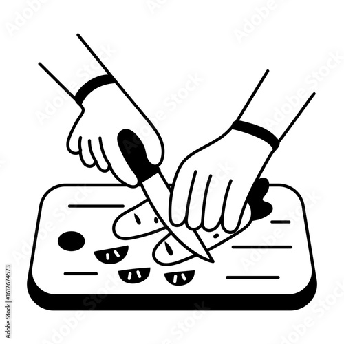Chopping vegetables with knife, glyph style icon 


