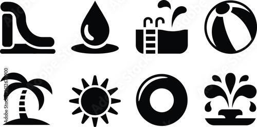Black and White Summer Icons: Water Slide, Drop, Pool, Beach Ball, Palm Tree, Sun, Ring, Fountain