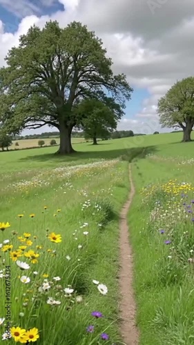A narrow dirt path winds through a vibrant green meadow, leading towards trees under a cloudy sky.
