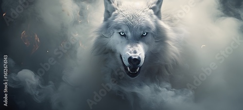 a light white wolf , coming out of the smoke, Generative AI