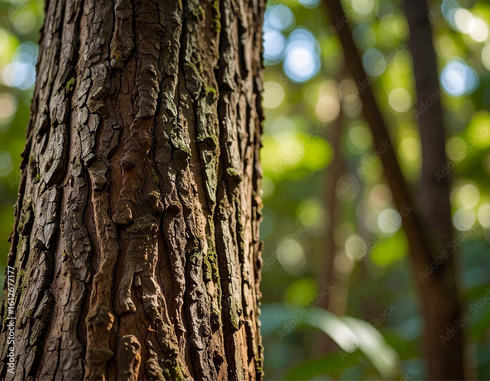 Obraz premium Photo of intricate bark texture from an endemic tree species in Mata Atlântica, extreme close‑up macro lens, high resolution detail of grooves and pattern, soft diffused forest light