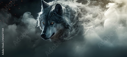 a light white wolf , coming out of the smoke, Generative AI