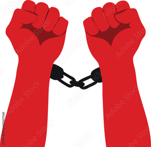 Red Hands Bound Together by a Chain Symbolizing Captivity and Oppression