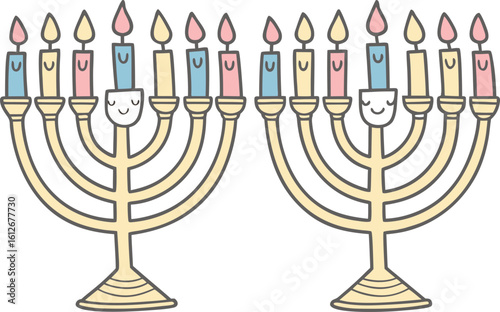 Menorah clipart set with traditional Hanukkah candle holder designs. Decorative menorah clipart collection featuring festive holiday elements. Hanukkah menorah clipart set with detailed candle