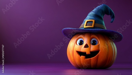 Cheerful carved orange pumpkin wearing a blue witch hat with a golden buckle Halloween