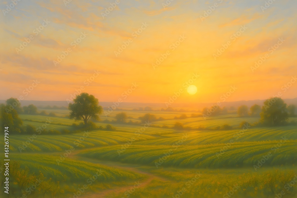 Obraz premium 따스한 아침 햇살이 비추는 푸른 산 능선, 부드러운 안개와 햇빛이 어우러진 평화로운 자연 풍경