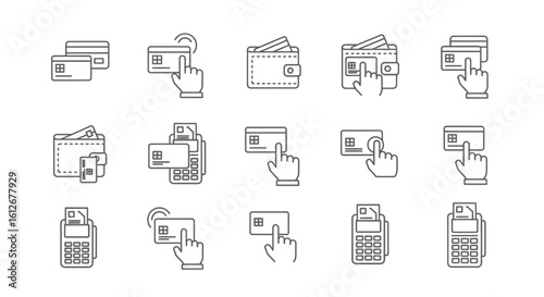 Line art icons depicting contactless payment methods, including credit cards, wallets, and point-of-sale terminals.