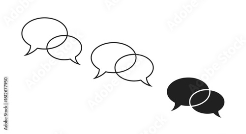 Three sets of overlapping speech bubbles, progressing from outline to solid black fill, representing communication or conversation.
