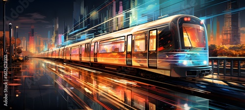 The train gliding on the elevated tracks has a streamlined body with vividly lit LED lights,, Generative AI