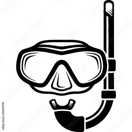 Underwater diving mask and snorkel black and white icon illustration for water sports, summer travel, beach vacation, and tourism concept.
