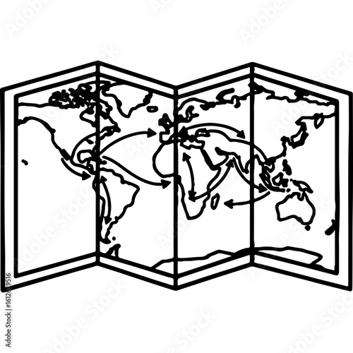 Global travel map icon with connection arrows, representing international tourism, journey planning, and worldwide exploration
