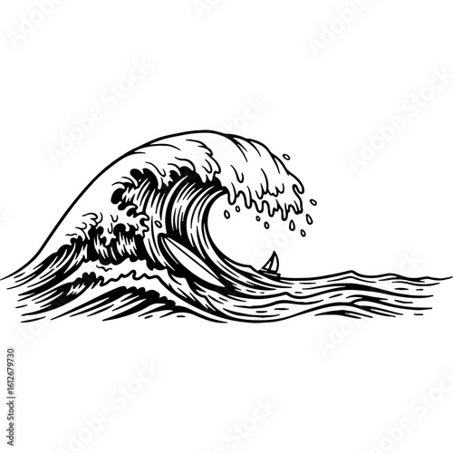 Dynamic Hand-Drawn Ocean Wave Illustration with Surfboard, Perfect for Surf Sports, Travel, and World Tourism Day Designs