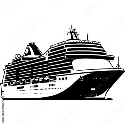 Black and white vector illustration of a large cruise ship, symbolizing luxury ocean travel, tourism, and global voyages