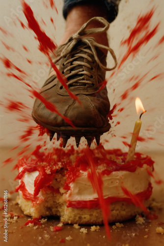 A boot with metal spikes stomps into a birthday cake with red frosting, scattering the cake and leaving an impression with red liquid splattered.