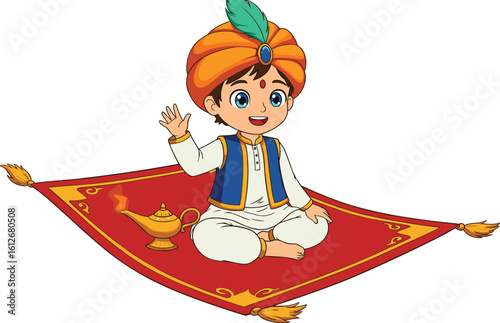 Cute cartoon boy in traditional costume sitting on flying magic carpet, waving hand, genie lamp beside him, fantasy vector illustration