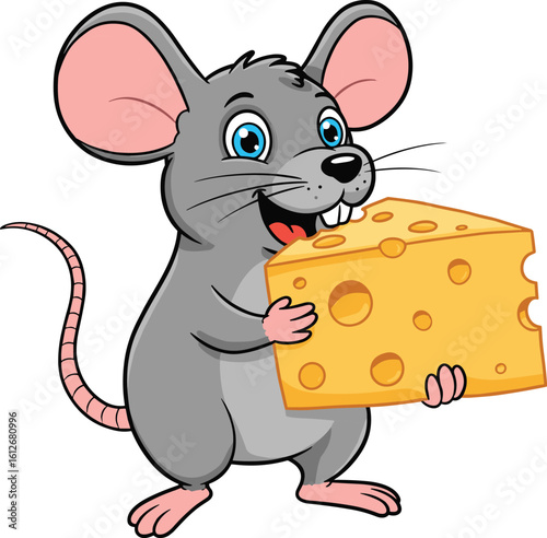 Cute cartoon mouse holding cheese, smiling rodent character, happy gray rat illustration, fun animal mascot, cheese lover, children friendly art