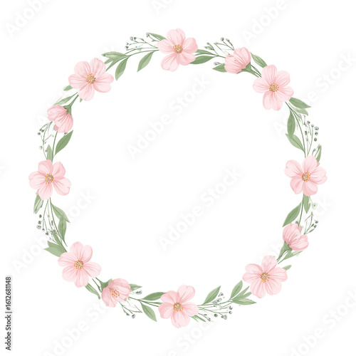 Wreath with abstract delicate pink flowers and green plants. Hand drawn isolated floral frame for invitation or greeting cards