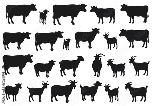 Collection of black silhouettes of farm animals including cows sheep and goats