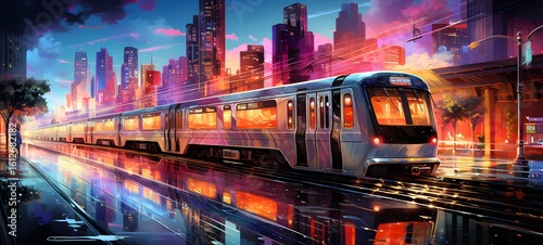 The train gliding on the elevated tracks has a streamlined body with vividly lit LED lights,, Generative AI