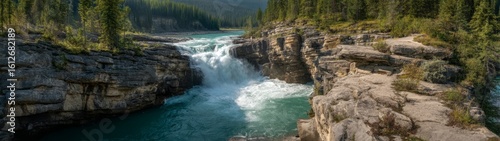 Majestic waterfall adventure jasper national park hdr panoramic view nature scene