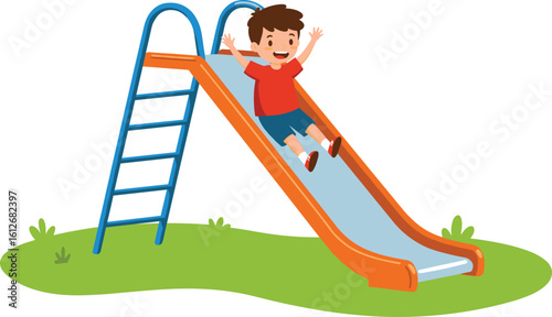 Happy kid sliding down playground slide, cartoon style, outdoor fun, summer activity, park play, smiling boy, vector illustration, joy