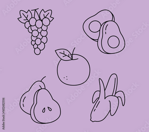 Set of minimalist fruit icons for healthy eating concepts. Includes grapes, avocado, apple, pear, and banana line art.