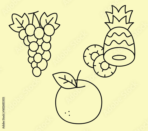 Outline illustrations of fresh fruits including grapes, a pineapple, and an apple on a pale yellow background.
