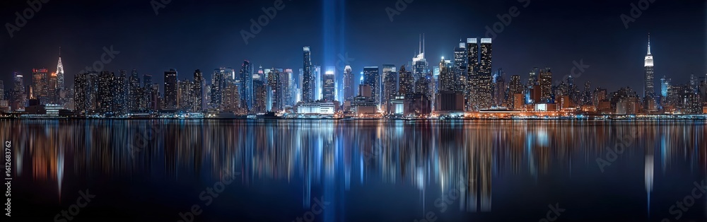Obraz premium Stunning panoramic cityscape at night showcasing illuminated skyscrapers reflecting on water under a dark cloudy sky with vibrant lights and modern architecture