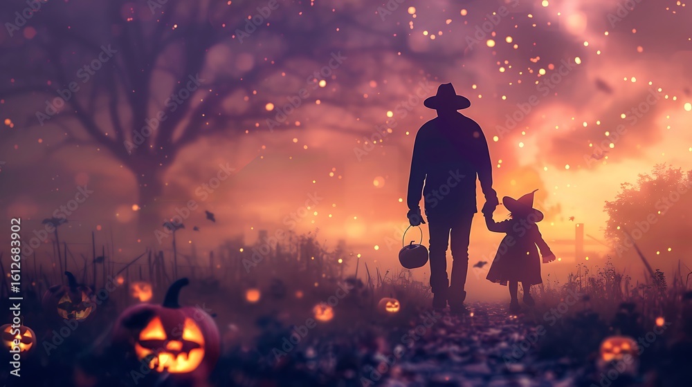 Fototapeta premium Silhouette of a Person and Child in Halloween Costume Walking in Spooky Autumn Landscape with Glowing Pumpkins and Falling Leaves
