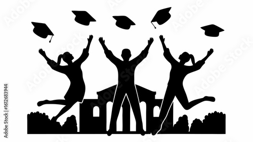 Silhouettes of graduates throwing caps in the air in front of a building and bushes in black and white | editable eps vectors