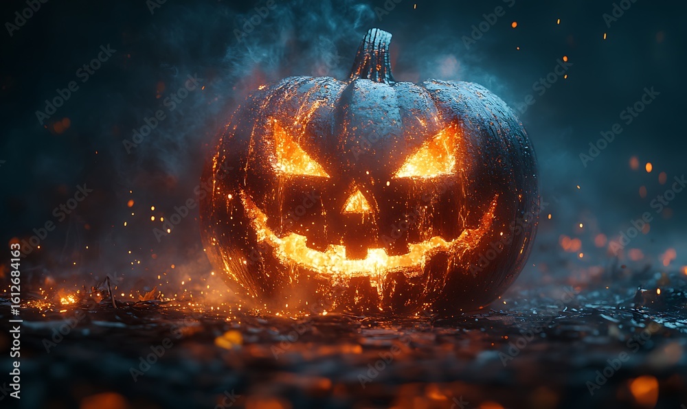 Fototapeta premium Glowing Jack O Lantern with Fiery Eyes and Smoke on Dark Ground halloween pumpkin