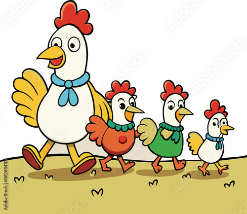 Funny cartoon hen and chicks farm animals illustration isolated with a cute red rooster and white eggs