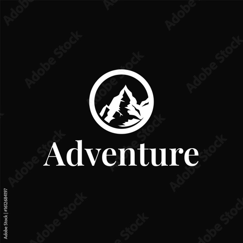 A cool, simple, minimalist mountain logo concept for natural scenery and beautiful black silhouettes of nature, design for poster illustration template or business product brand.