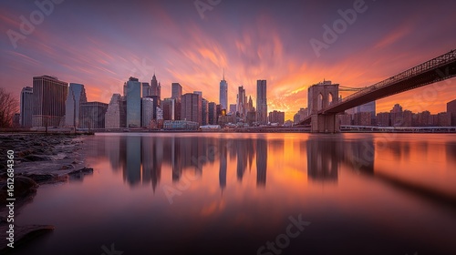 Stunning panoramic view of a modern city skyline du sunset with tall skyscrapers and a bridge over a calm river, vibrant sky