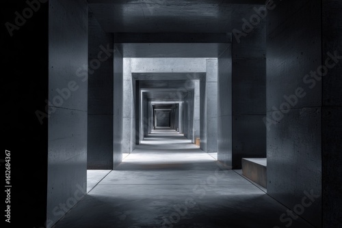 Modern minimalist concrete tunnel with repeating square frames creating depth and perspective under cool lighting in a contemporary architectural design