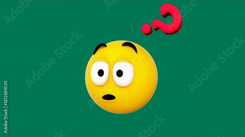 Animated Confused Emoji Surrounded by Red Question Marks on Green Background with Floating Elements