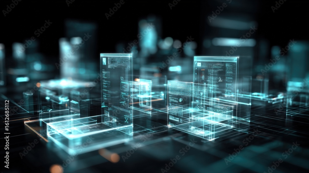 Obraz premium Futuristic digital data storage and technology servers with glowing holographic interfaces in a high-tech modern data center